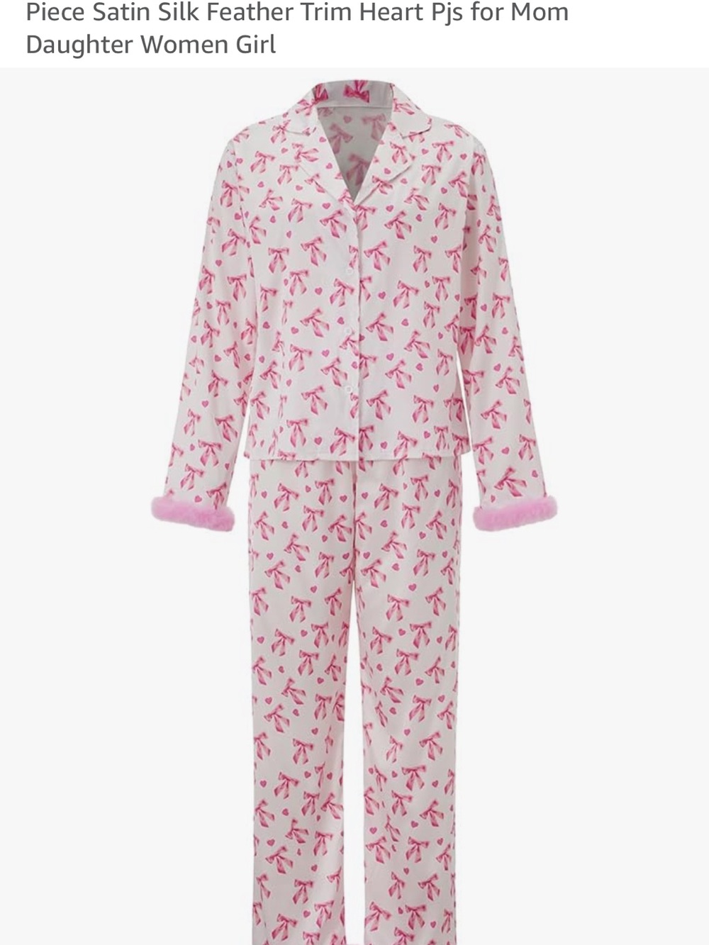 Amazon - Women's Pink Bow-Print Satin-Trim Pajama Set Size Small